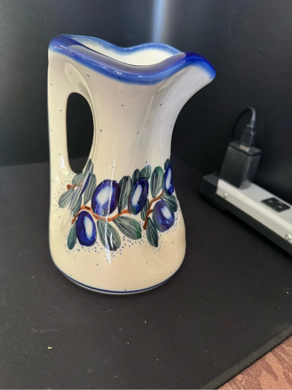 Unikat Polish Pottery Pitcher Cream with Blue Grape Vines